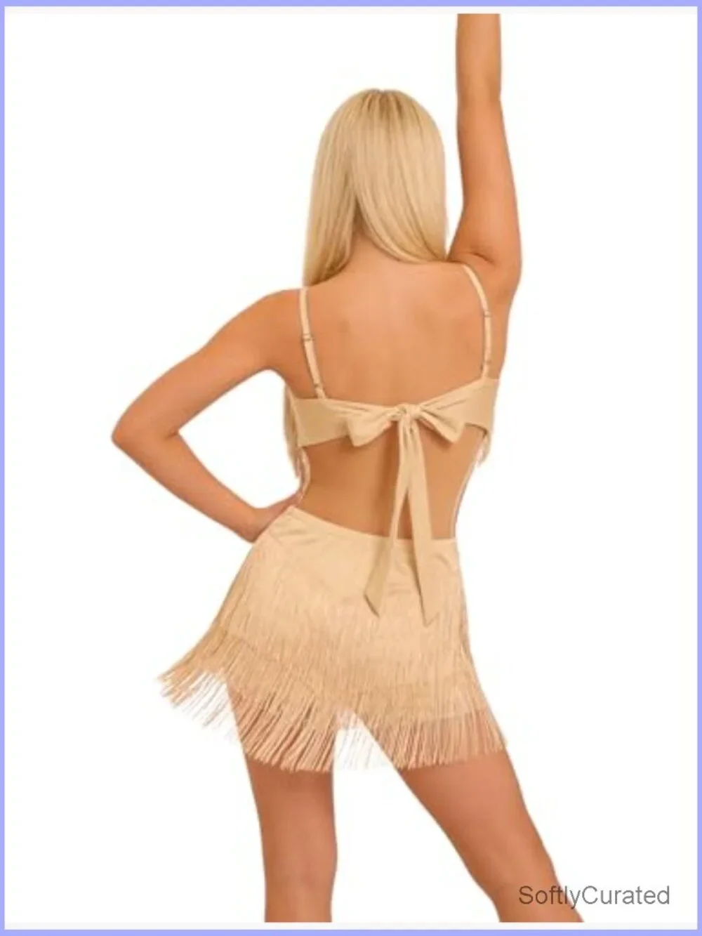 Women's Rhinestone Fringe Latin Dance Dress Leotard V Neck Tie Back - Picture 4 of 6